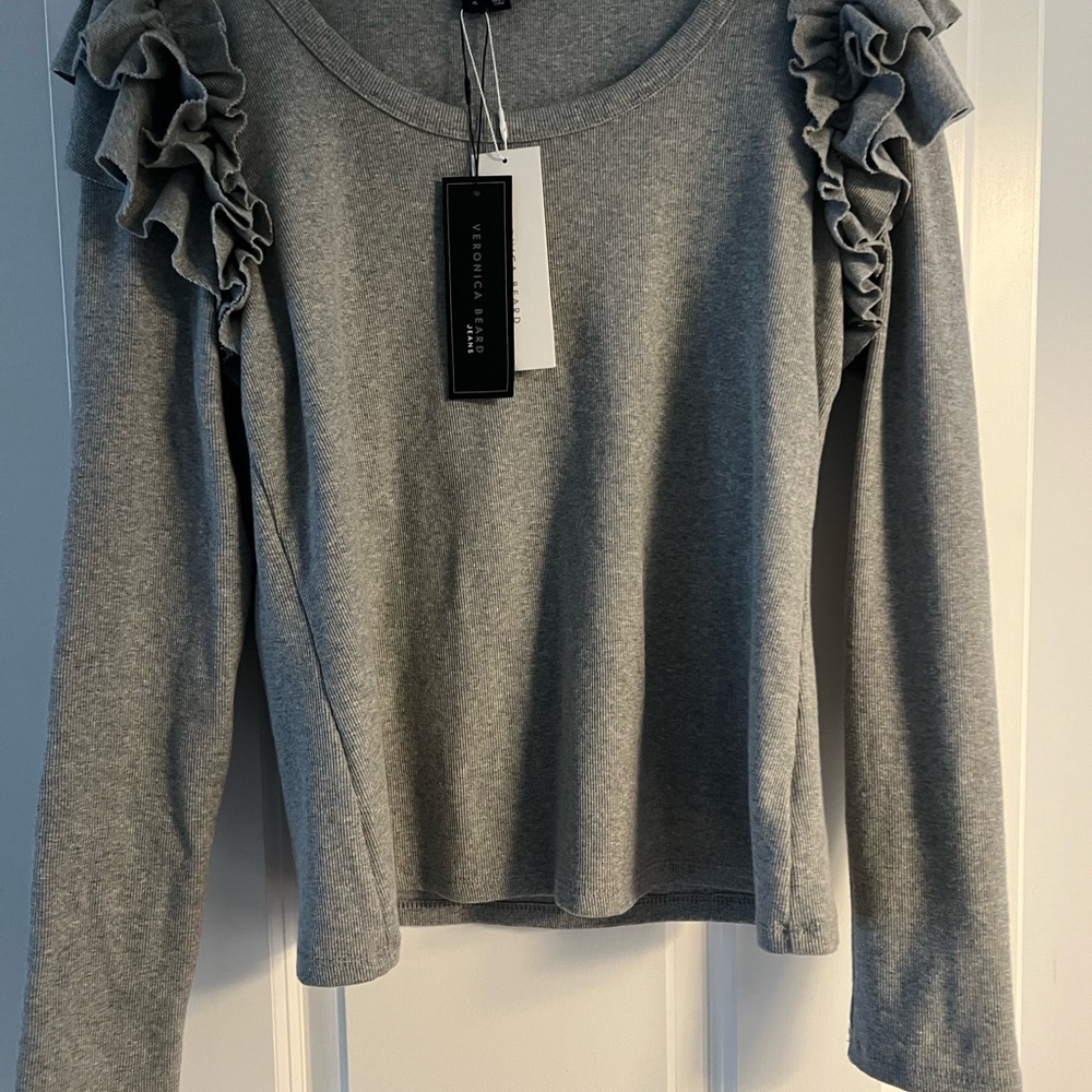 Veronica Beard Gray Ruffle Detail Long Sleeve Top